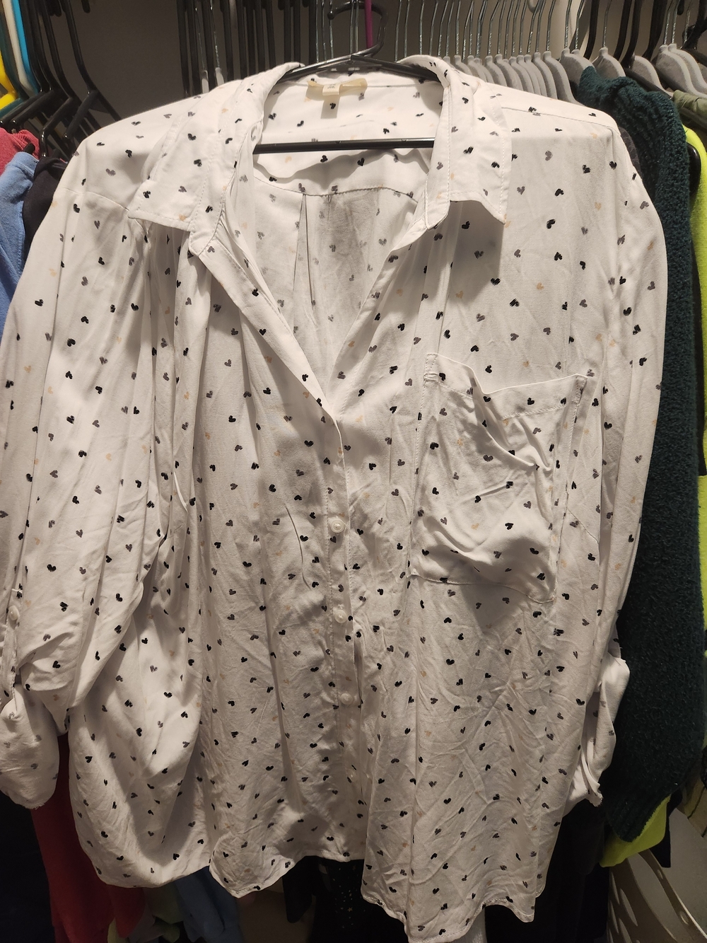 Lightweight White Button-Up Blouse with Black Heart Print